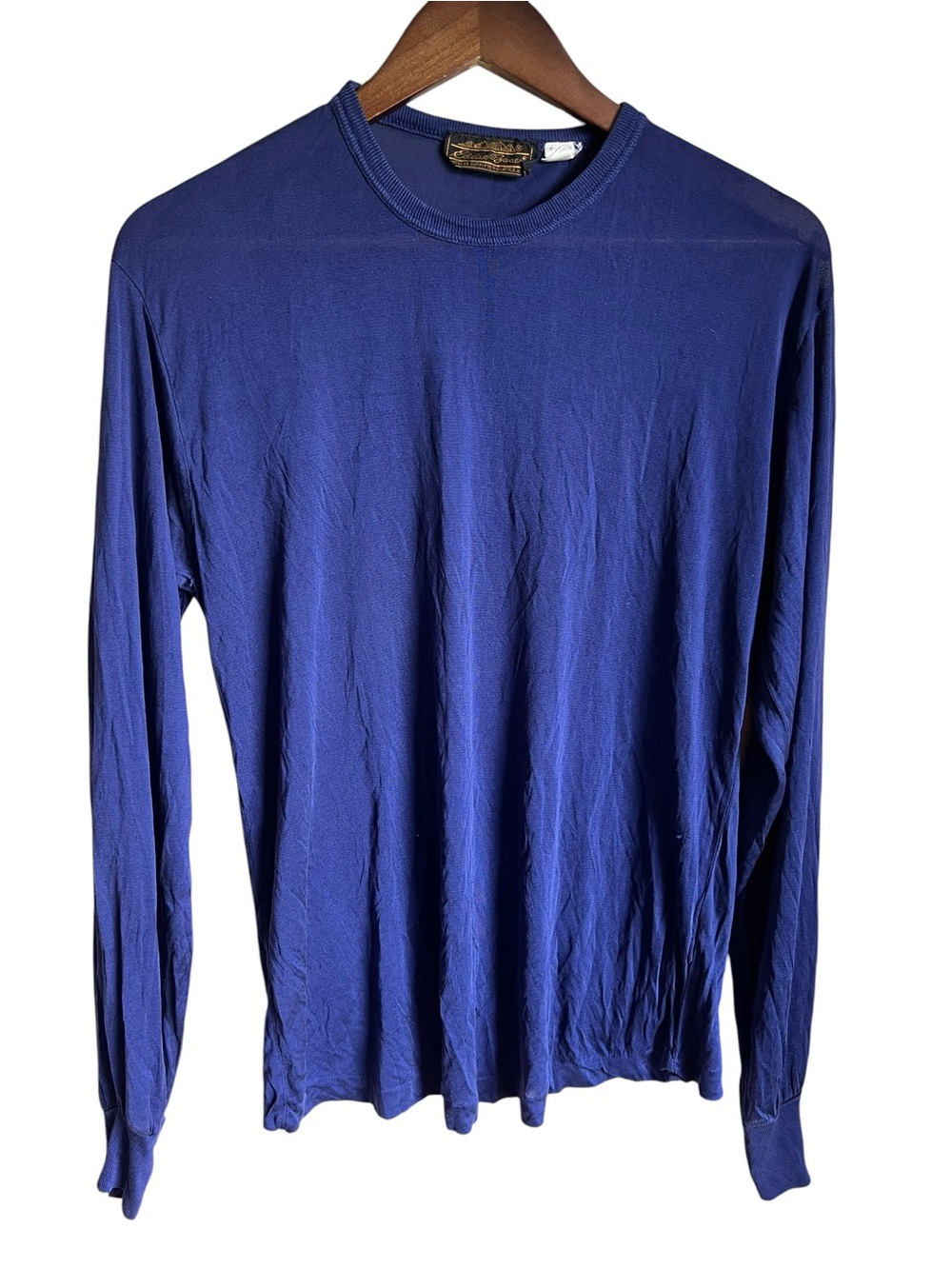 Vintage Eddie Bauer 100% Silk Long Sleeve Base Layer Tee Shirt Blue Mens L Flaws